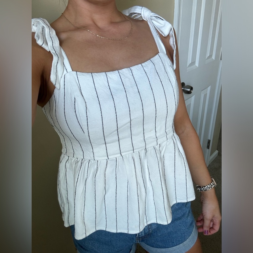 White with black pinstripes peplum tank top with knot tie straps